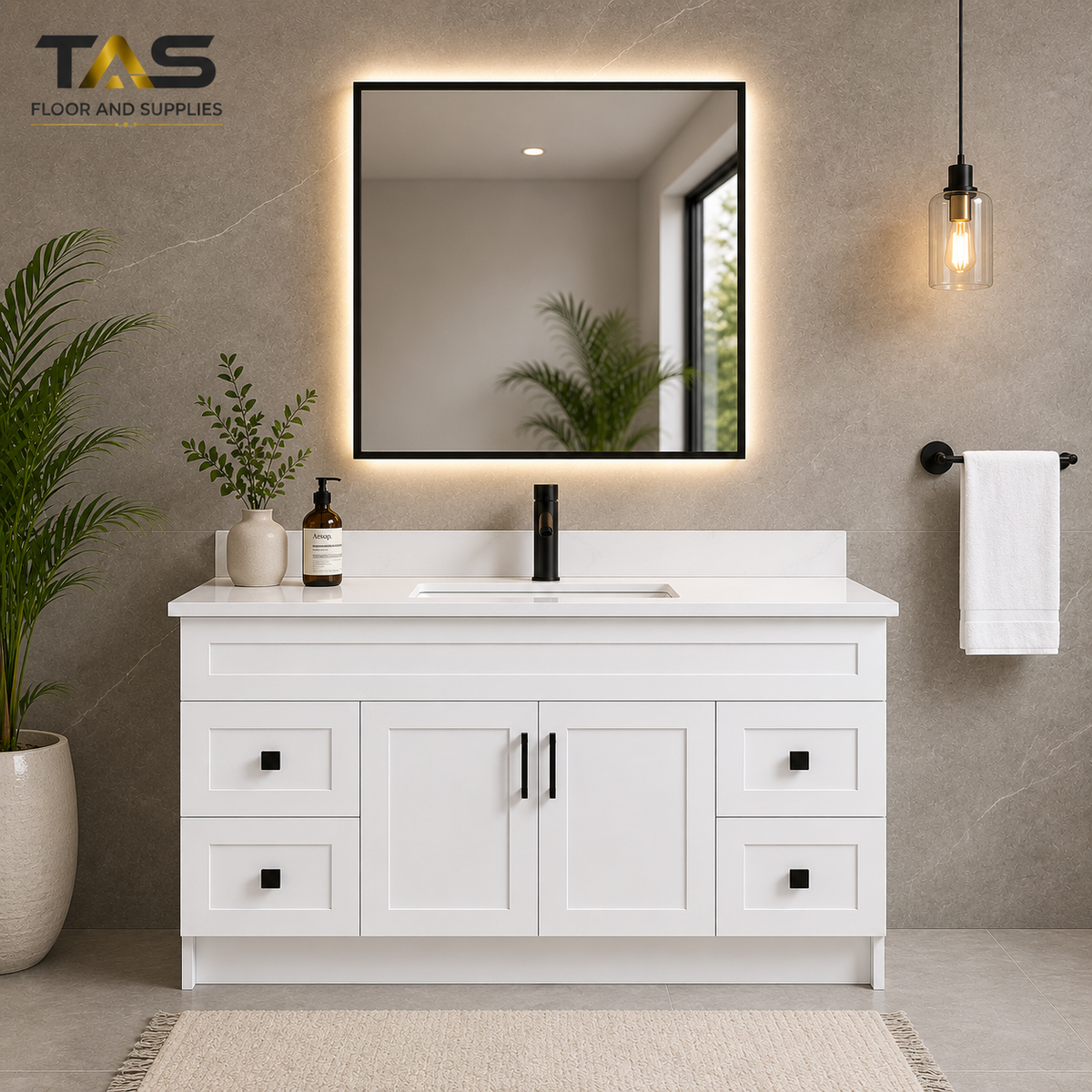 60" HDF Vanity with Quartz Top -  4 Drawers - Single Sink