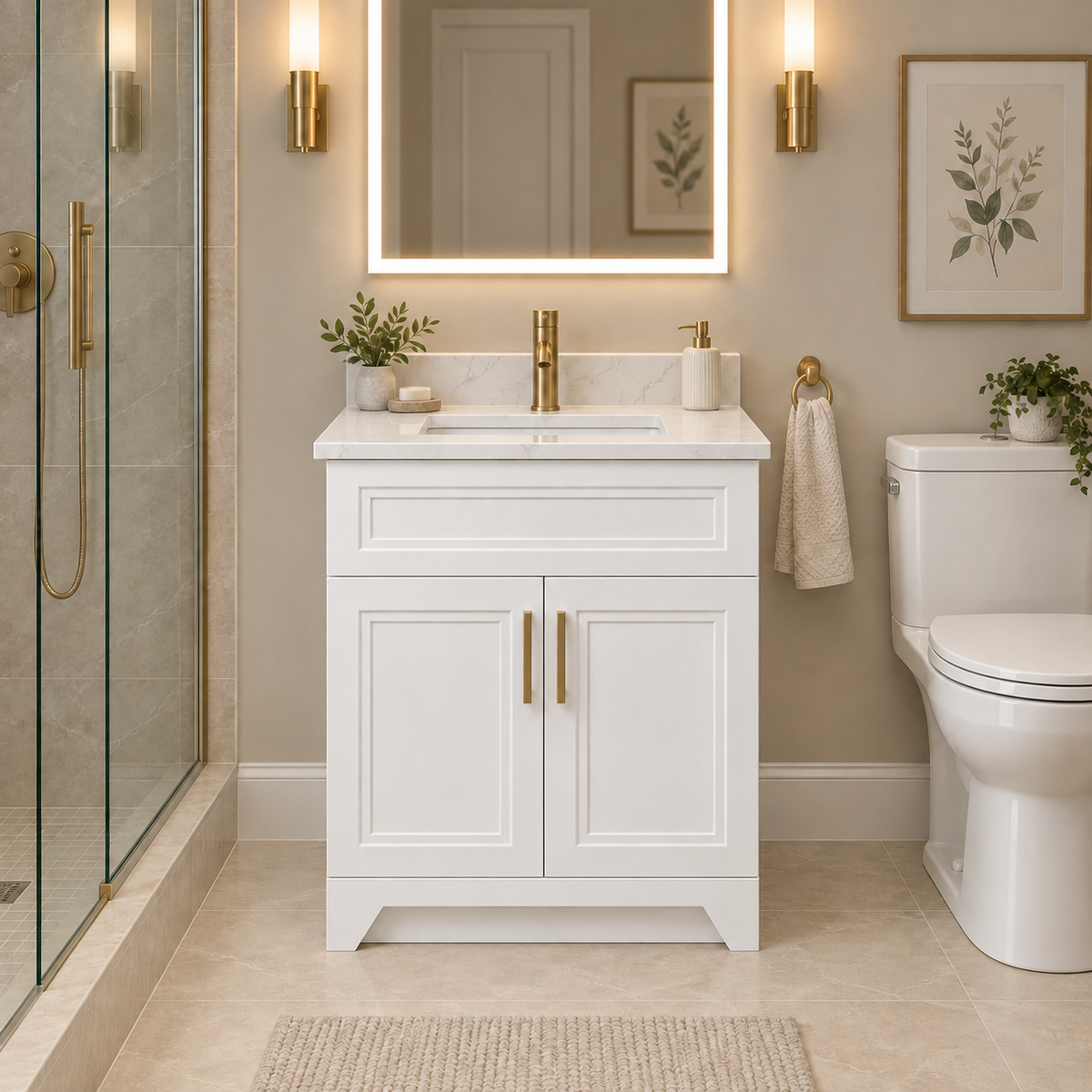 24" Premium MDF Vanity with Quartz Top - 2 Doors Step Shaker
