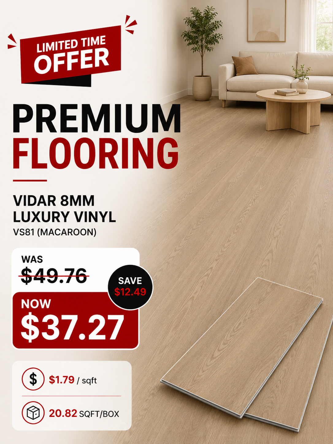 Vidar 8mm Luxury Vinyl - VS81 (MACAROON) @ $1.79/sqft - 20.82 sqft/box