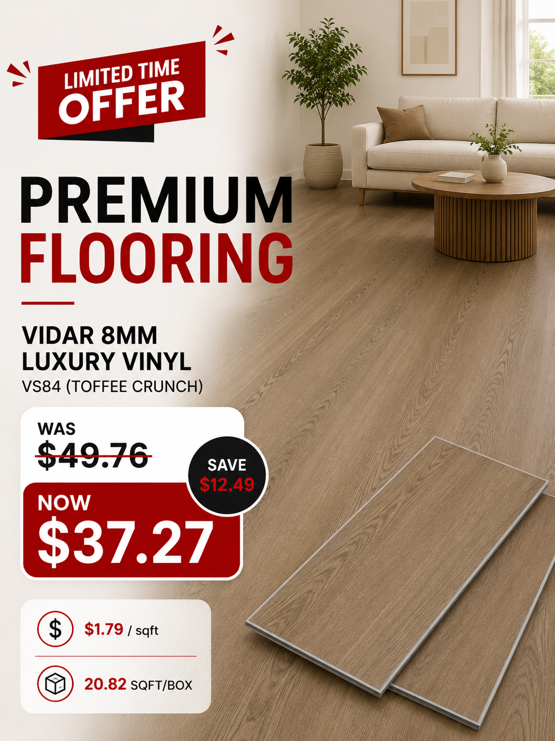 Vidar 8mm Luxury Vinyl - VS84 (TOFFEE CRUNCH) @ $1.79/sqft - 20.82 sqft/box