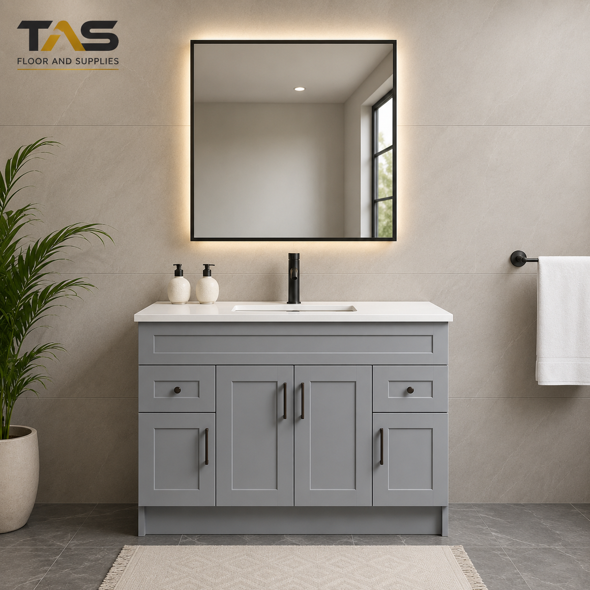 48" HDF Vanity with Quartz Top - 4 Doors, 2 Drawers