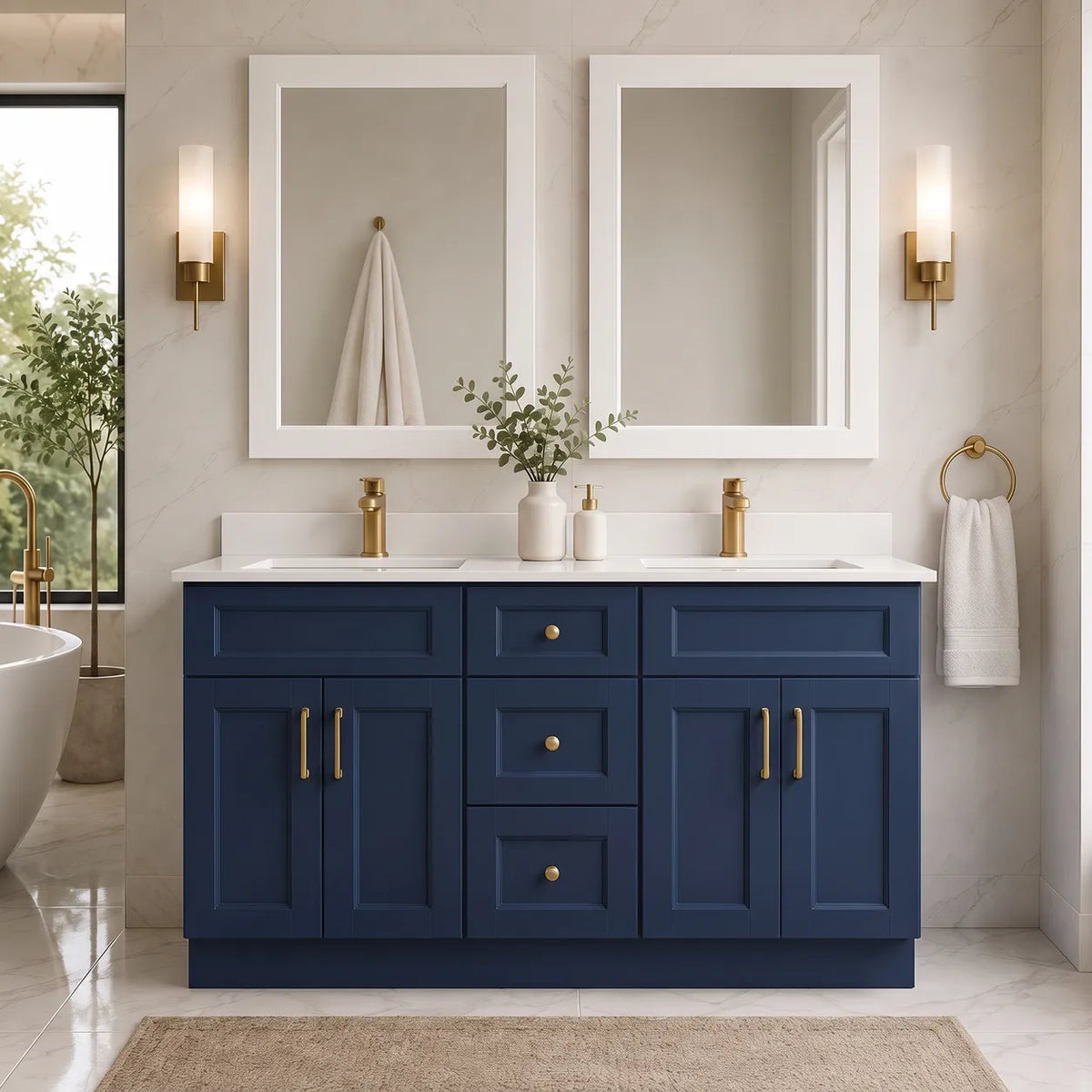 60" Solid Wood Vanity - Double Sink- 3 Drawers & 2 Doors