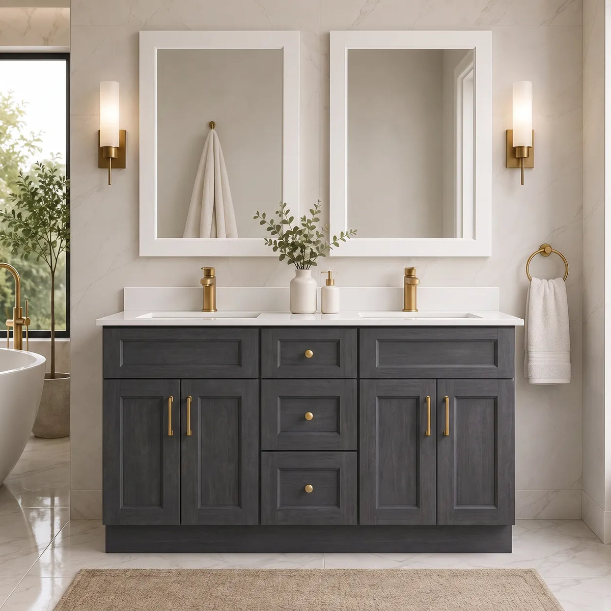 60" Solid Wood Vanity - Double Sink- 3 Drawers & 2 Doors