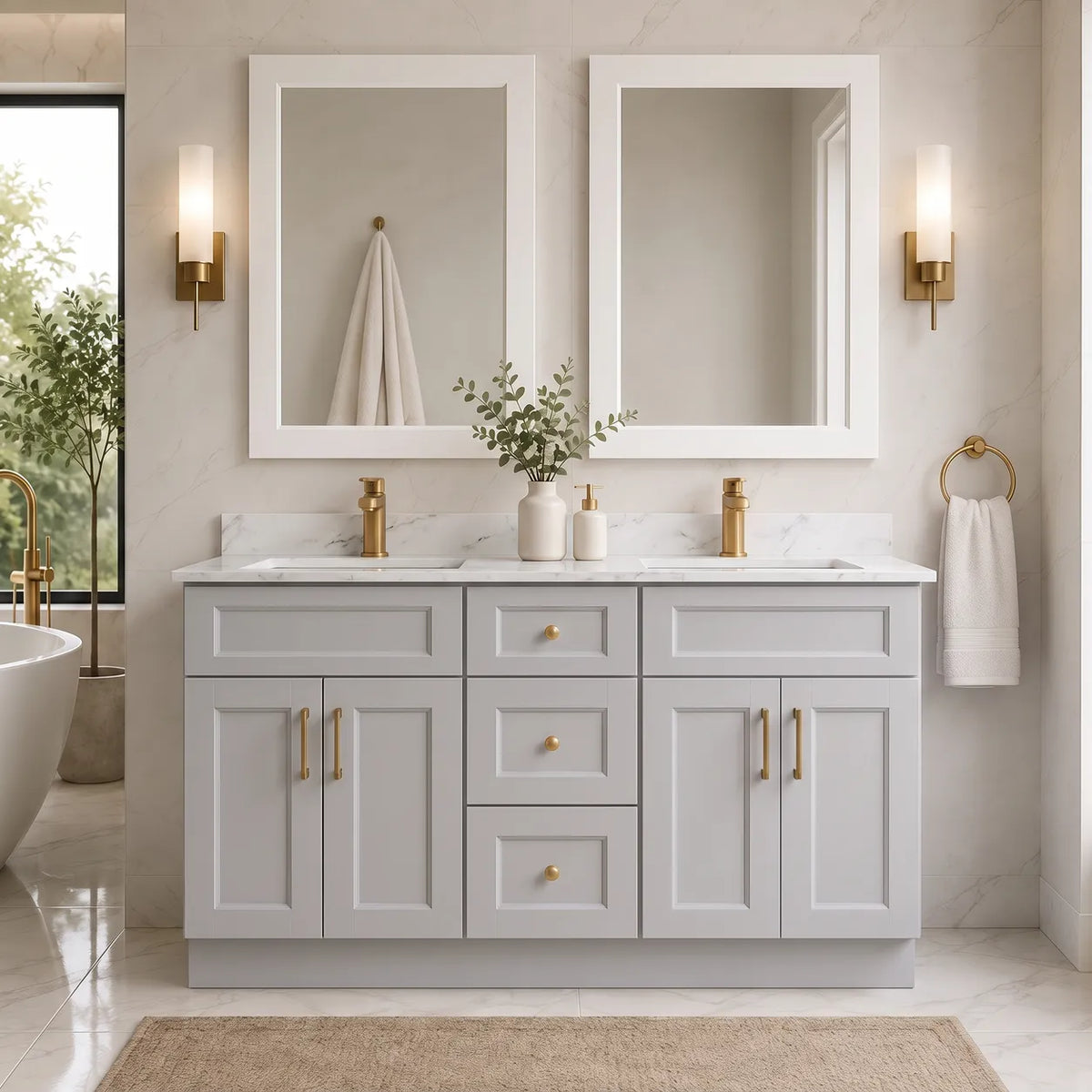 60" Solid Wood Vanity - Double Sink- 3 Drawers & 2 Doors