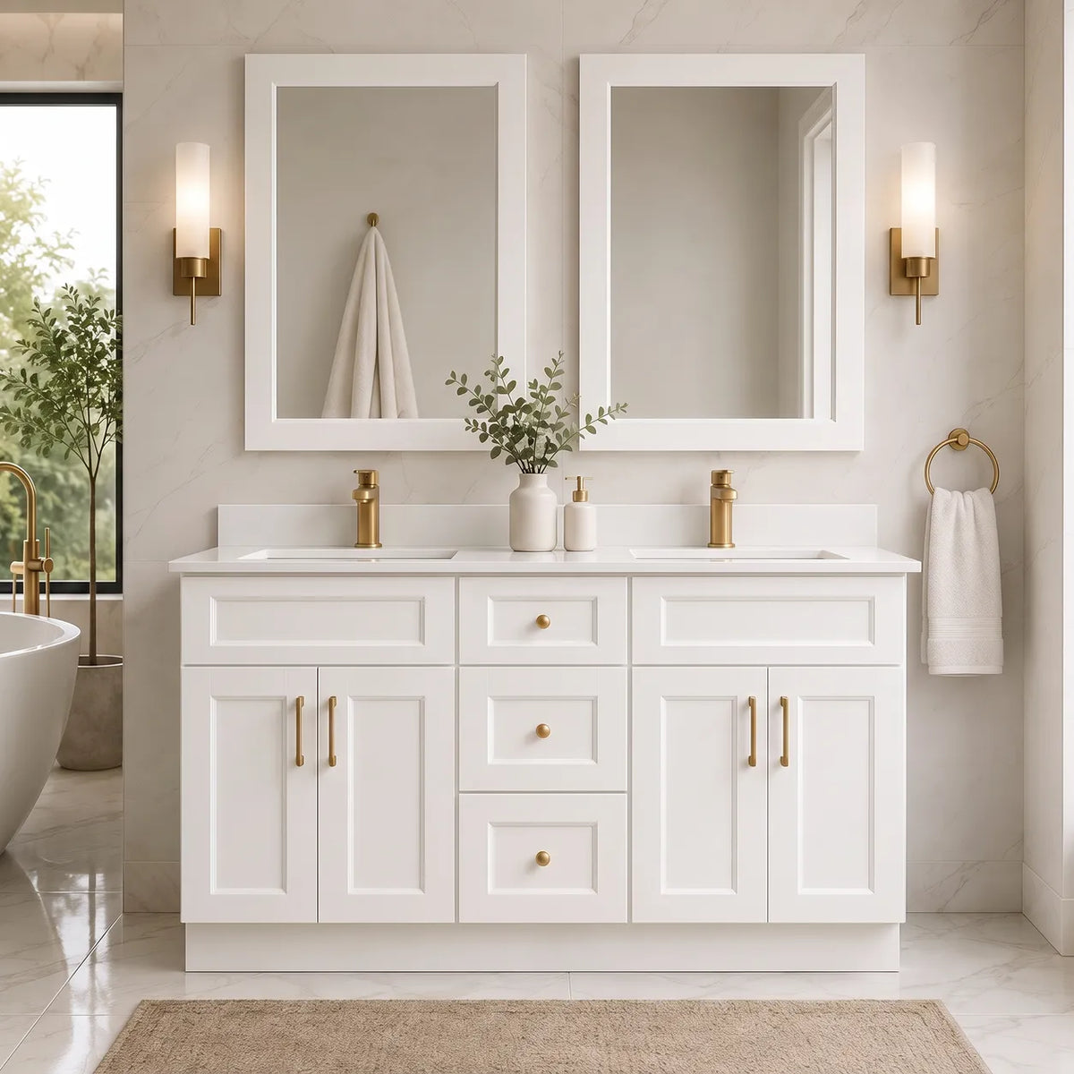 60" Solid Wood Vanity - Double Sink- 3 Drawers & 2 Doors