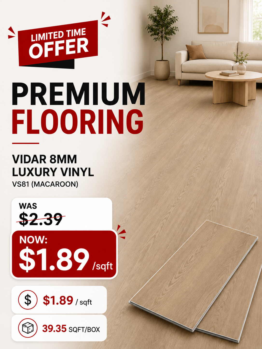 Vidar 8mm Luxury Vinyl - VS81 (MACAROON) @ $1.89/sqft - 20.82 sqft/box