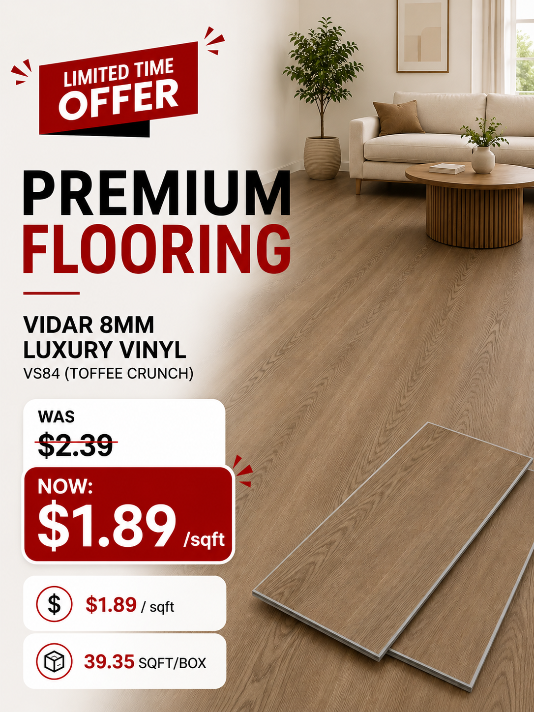 Vidar 8mm Luxury Vinyl - VS84 (TOFFEE CRUNCH) @ $1.89/sqft - 20.82 sqft/box