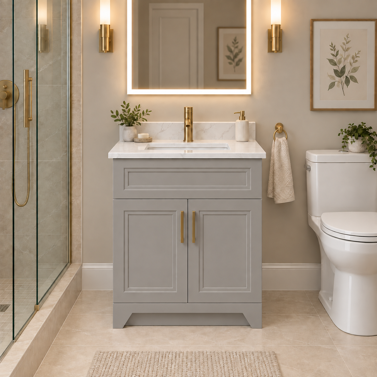 24" Premium MDF Vanity with Quartz Top - 2 Doors Step Shaker