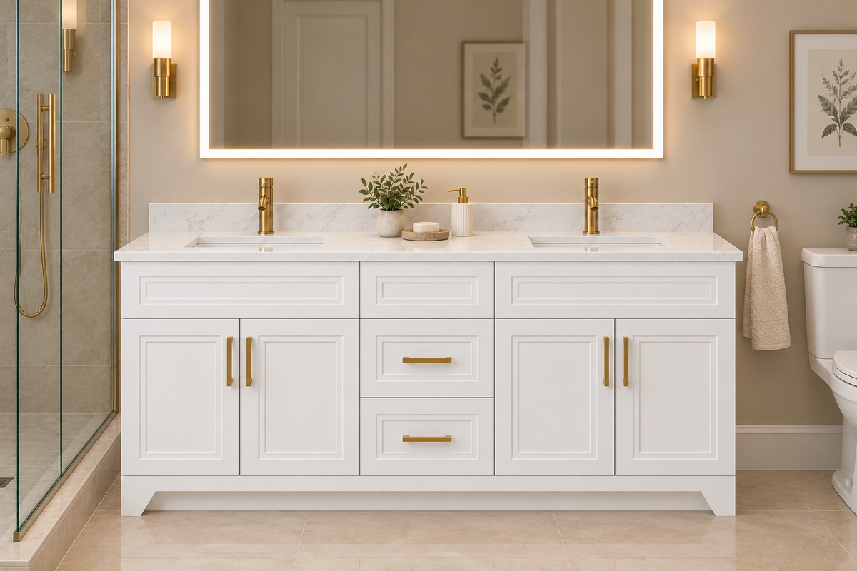 60" Premium MDF Vanity with Quartz Top - Double Sink Step Shaker